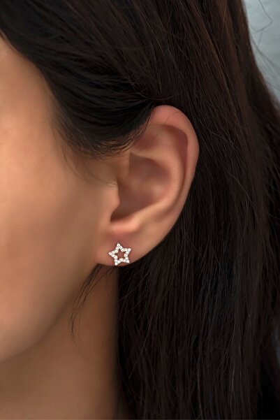 Nereze 925 Ayar Gümüş Rose Zirkon Taşlı Yıldız Küpe