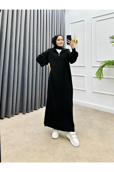 bezenstore YARIM FERMUARLI TRİKO ELBİSE SİYAH