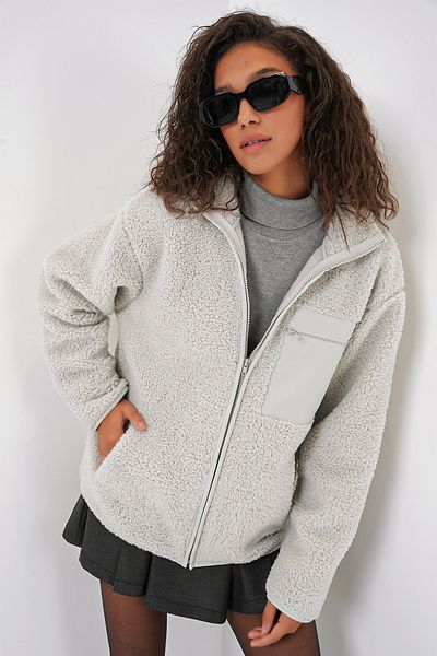 Bigdart 55455 Jachetă de pluș oversize cu fermoar pentru femei - Stone