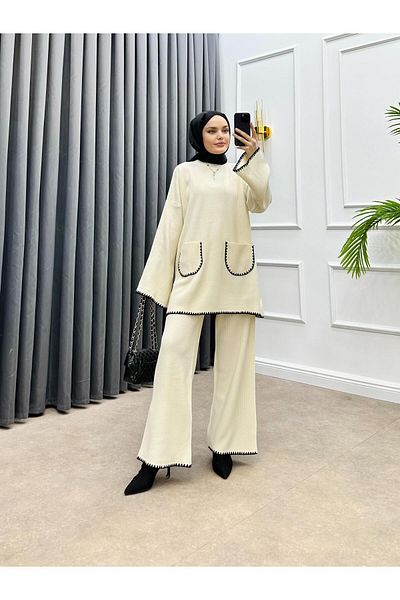 bezenstore Beige Color Shepherd's Stitched Knitwear Set