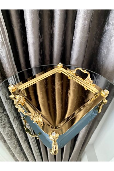atabey home collection 6 صواني قهوة وشاي - أقدام حجرية ذهبية، صينية لوكس بمقابض