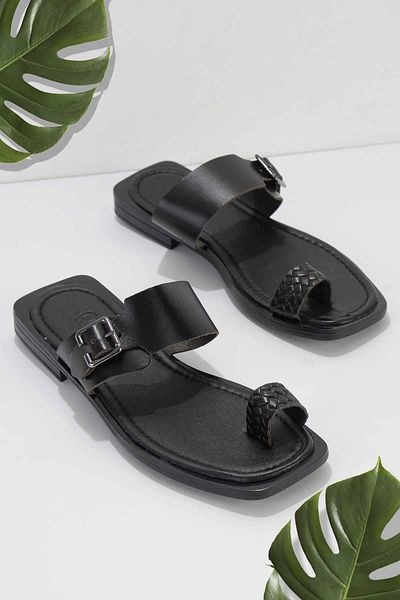 Bambi Black Genuine Leather Women's Slippers K 04908063103