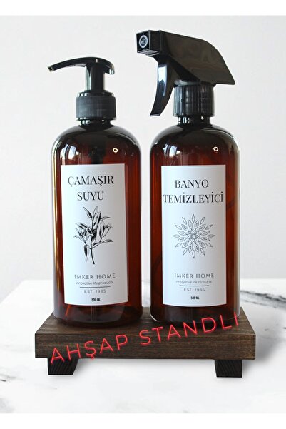 IMKER HOME Ahşap Stantlı Amber Plastik Çamaşır Suyu Banyo Temizleyici Şişesi ...