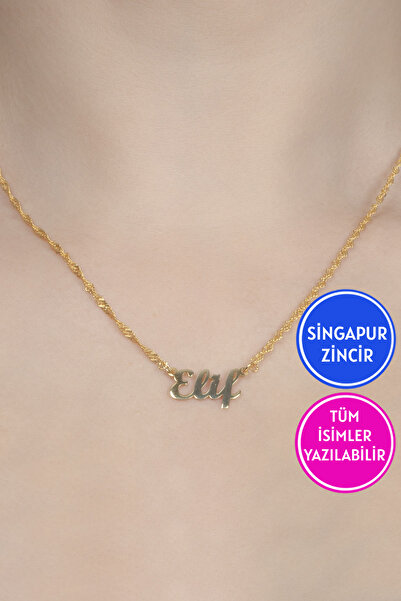 Jewelmim Singapur Zincir Gümüş İsim Yazılı 18 Ayar Sarı Altın Kaplama 925 Aya...