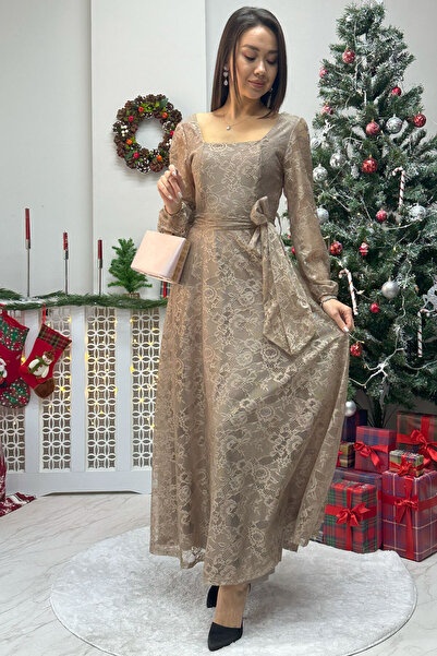 zks grup tekstil Γυναικείο φόρεμα με δαντέλα με τετράγωνο γιακά, μίντι, μαύρο, πράσινο, μπεζ, λευκό