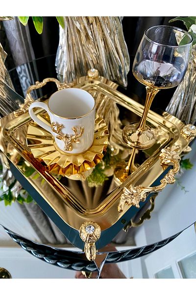 atabey home collection 6 صواني قهوة وشاي - أقدام حجرية ذهبية، صينية لوكس بمقابض