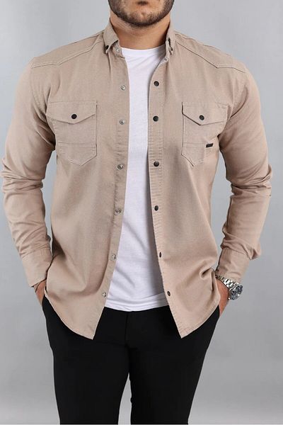 WOWA COMPANY Мъжка кремава дънкова риза с дълъг ръкав и джоб Slim Fit