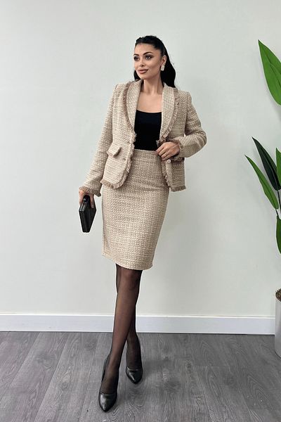 giyimmasalı Beige Tweed Skirt and Jacket Set