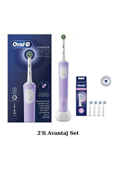 Oral-B D103 Vitality Pro Şarjlı Elektrikli Diş Fırçası, Lila - Sensitive Clean, Yumuşak 4'lü Yedek Başlık
