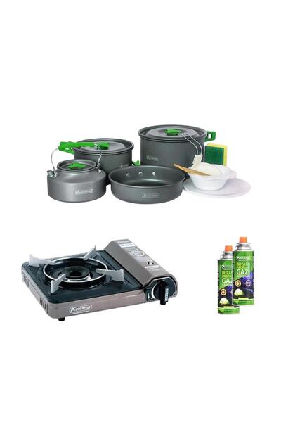 Orcamp Tekli Portatif Ocak Gri 2 Adet Kartuş Kts-227 4 Parça Tencere Seti Orc...