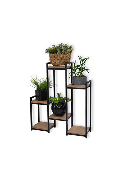 Dekoratif 6 LI AHŞAP RAFLI METAL SAKSILIK