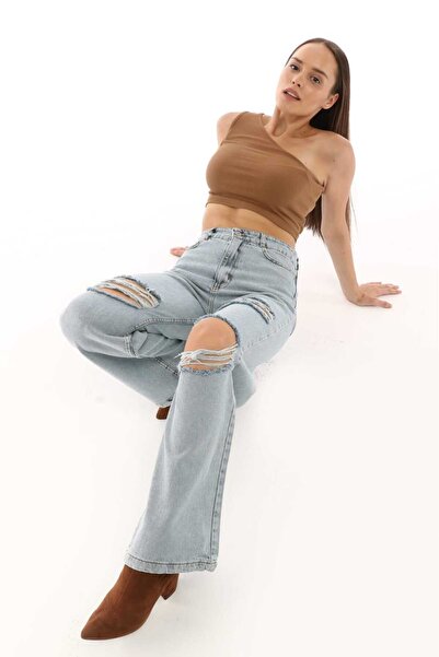 SHEVEGA Dámské ledově modré džíny s dvojitým laserovým rozparkem na kolenou, vysokým pasem a širokými nohavicemi