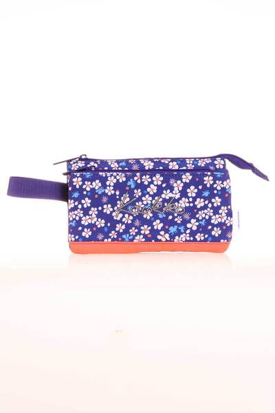 KAUKKO حقيبة أقلام على شكل قبعة أكورديون باللون الأزرق الداكن مع زهور K2677