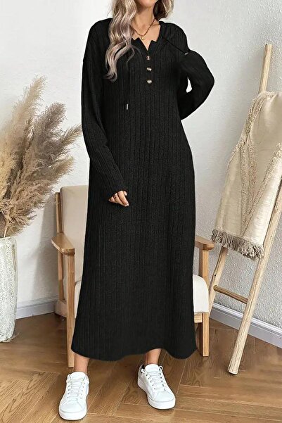 Deafox Black Long Sleeve Hooded Lace up Raised Camisole Long Dress