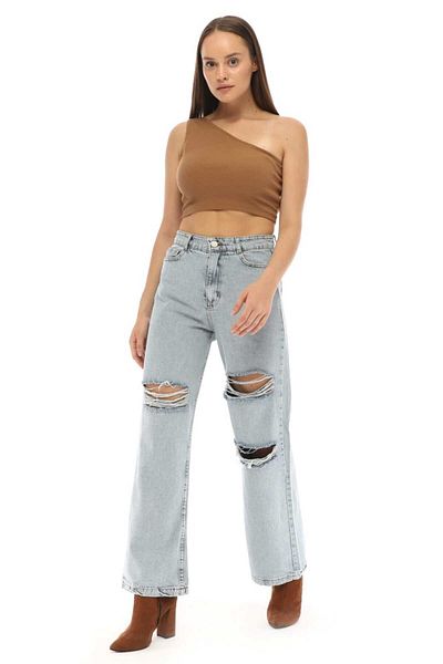 SHEVEGA Pantaloni de damă, albastru gheață, cu genunchi dublu, cu laser, rupti, cu talie înaltă, pantaloni largi, blugi