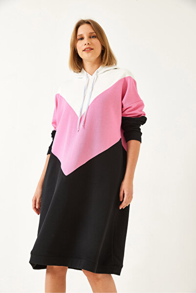 Bianco Lucci Kadın V Desen Renk Bloklu Kapişonlu Elbise 60351327