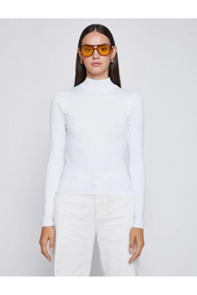 İpli Pulover de damă de culoare albă cu gât țesut