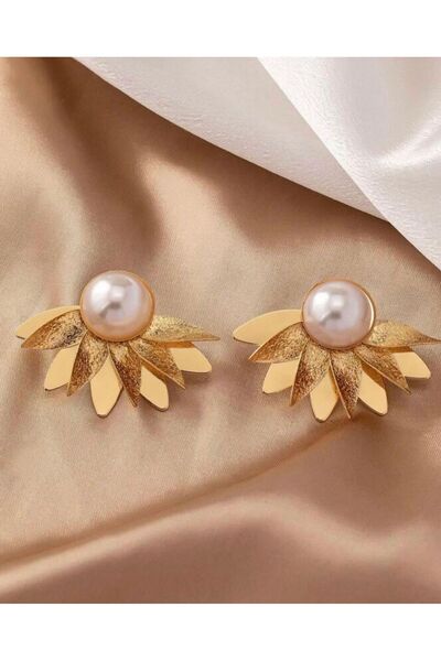 DEMOKAN Kadın Küpe Vip Seri İnci Yarım Çiçek Tasarım Kararmaz İthal Küpe