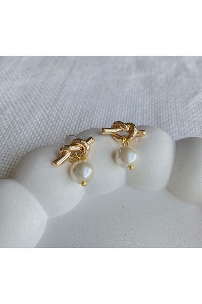 DEMOKAN Women's Pearl Earrings - Knot Detailed