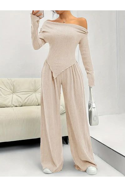 Moka Shopin Mokashopin Women - Long Sleeve Asymmetrical Cutout Camisole Blouse and Pants Set