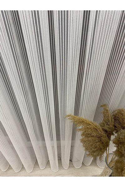 İNCİLİFE Ecru Colored Petran Tulle Curtain - Silver Glitter Stripes 1/3 Close Pleated