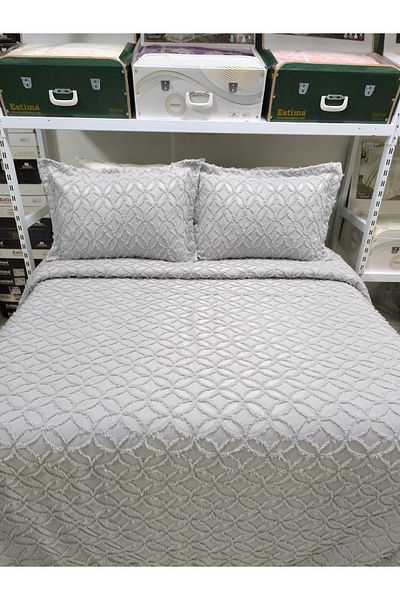 ESTİMA Aslan Tekstil Oya Gray Double Pompom Bedding Set - 250X260 2 Pillows 50X80