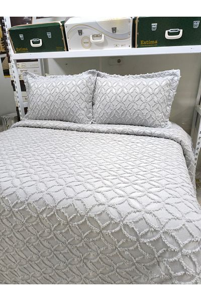 ESTİMA Aslan Tekstil Oya Gray Double Pompom Bedding Set - 250X260 2 Pillows 50X80