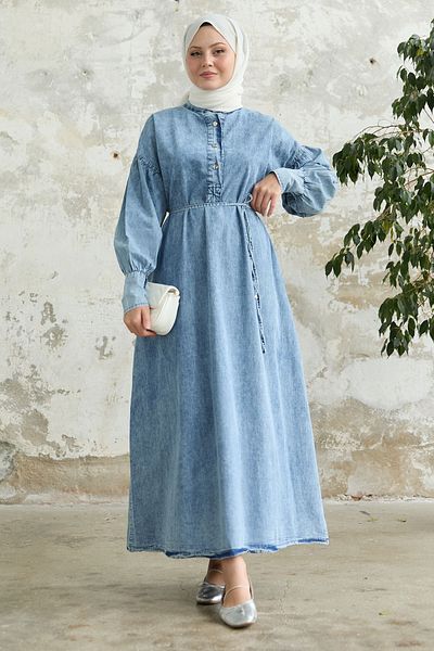 InStyle Синя дънкова рокля с маншети и копчета на ръкавите