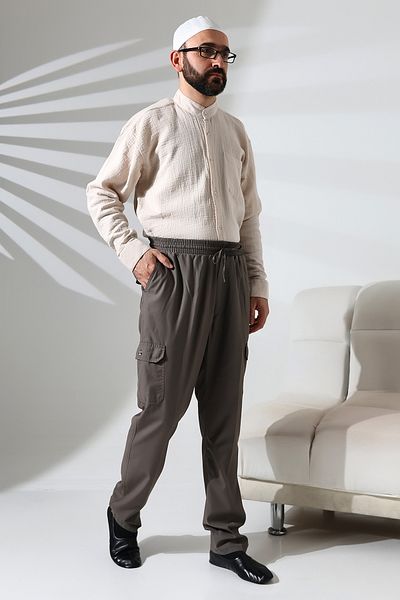 ihvanonline Men's Side Pocket Elastic Waist Hajj and Umrah Cargo Pants Soil
