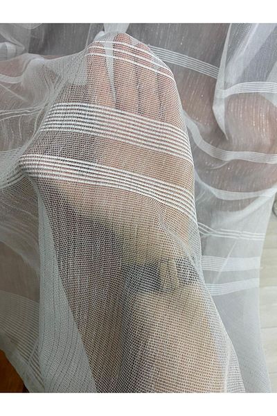 İNCİLİFE Ecru Colored Basement Horizontal - Striped and Glittered 1/3 Pleated Tulle Curtain
