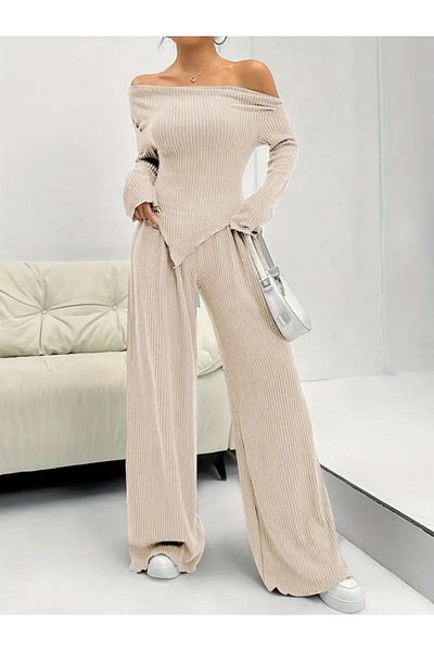 modaserdem Long Sleeve Asymmetrical Cutout Women's Camisole Blouse and Pants Set