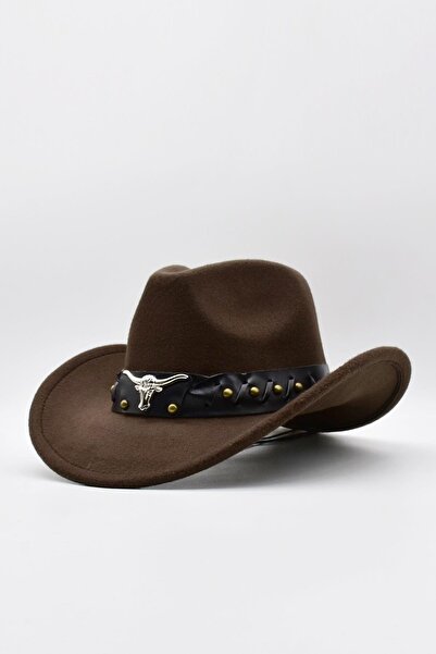Külah Deri Şeritli Boğa Figürlü Fötr Şapka Premium Classic Western Festival Beach Rave Hat