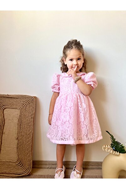 penu baby kids Pembe Dantelli Yakalı Içten Tülllü Kısa Kollu Kız Çocuk Kız Bebek Elbise