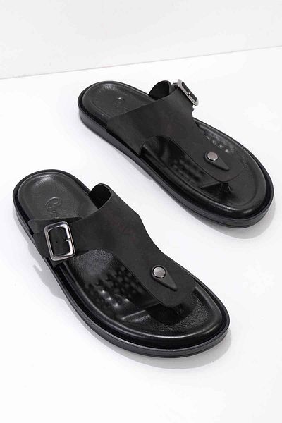 Bambi Black Genuine Leather Men's Slippers E04801000503