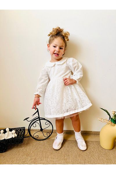 penu baby kids Λευκό μακρυμάνικο βρεφικό φόρεμα για κοριτσάκι με δαντέλα