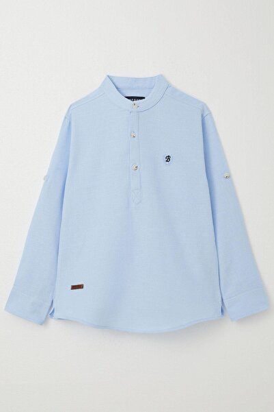 Breeze Boy's Shirt with Letter Embroidery, Half Buttoned, Light Blue