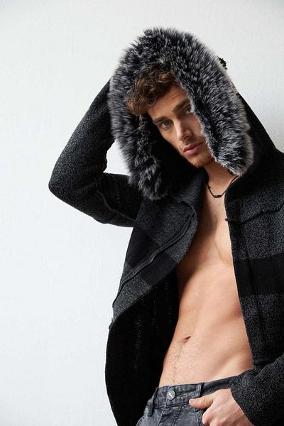 THIMOON Men's Black Fur Hooded Pocket Zippered Long Cardigan
