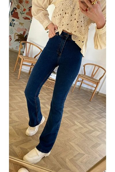 JILLY Pantaloni de blugi albastru închis cu talie înaltă din lycra de culoare spaniolă