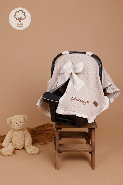 JUNİPERUS Kişiye Özel İsim Nakışlı Pike Puset Örtüsü Fırfırlı Bebek Puset Örtüsü