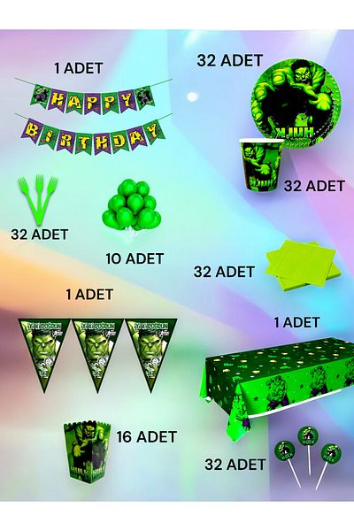 VibeHome Ultra-Luxury Set for 32 People with Hulk Theme - Birthday Party and Fun Events