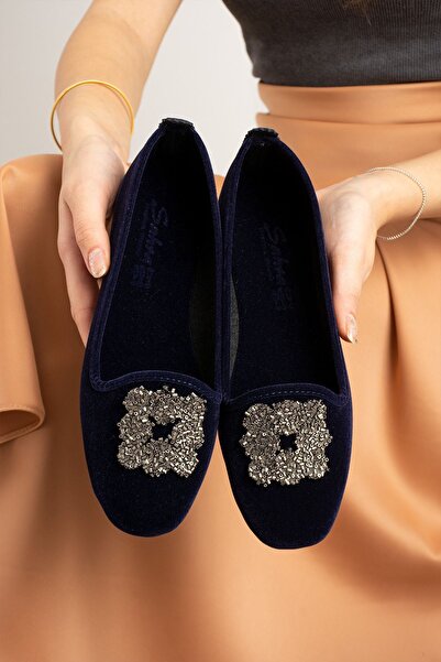 FUGA MODA Μπαλαρίνες Raven Navy Blue με τετράγωνη πέτρα με λεπτομέρεια κεντήματος