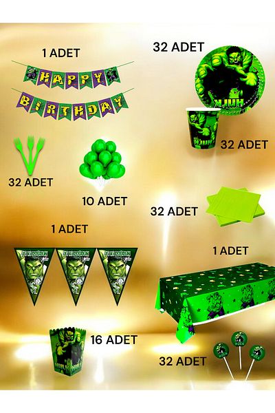 VibeHome Ultra-Luxury Set for 32 People with Hulk Theme - Birthday Party and Fun Events