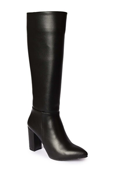 Kocamanlar Ayakkabı Feles Diz Altı Deri Topuklu Kadın Çizme SİYAH