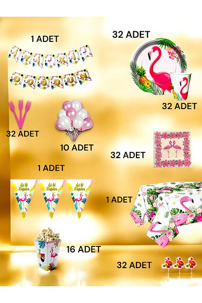 VibeHome Flamingo Themed Ultra Luxury Set for 32 - Birthday Party and Fun Events