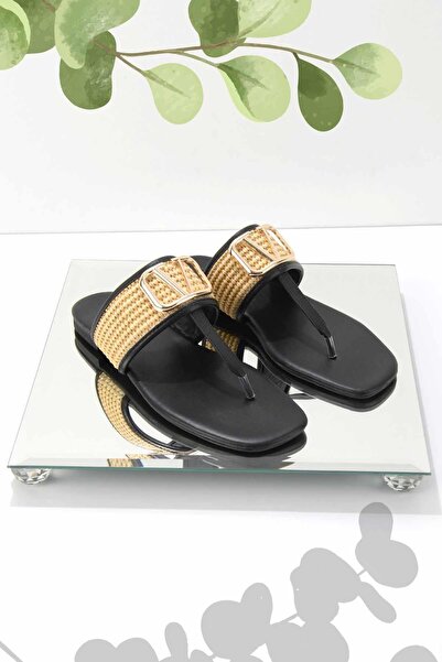 Bambi Γυναικείες Παντόφλες Μπεζ Μαύρο Ψάθινο K04862500828