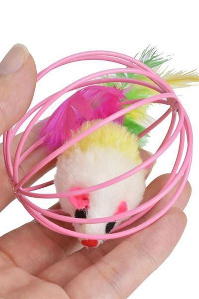 yenitoptan Metal Caged Plush Cat Dog Toy with Mouse 6 Cm