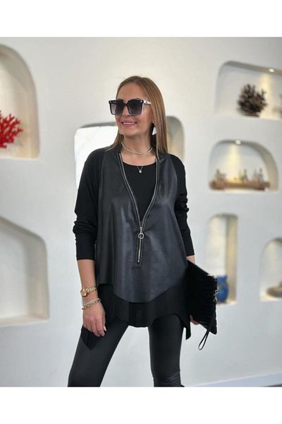 Kokosh moda Women's Long Sleeve Asymmetrical Cut Viscose Blouse and Cracked Leather Look Zipper Detailed Mesh