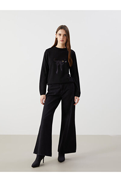 LC Waikiki Black Crew Neck Sequin Embroidered Women's Knitwear Sweater