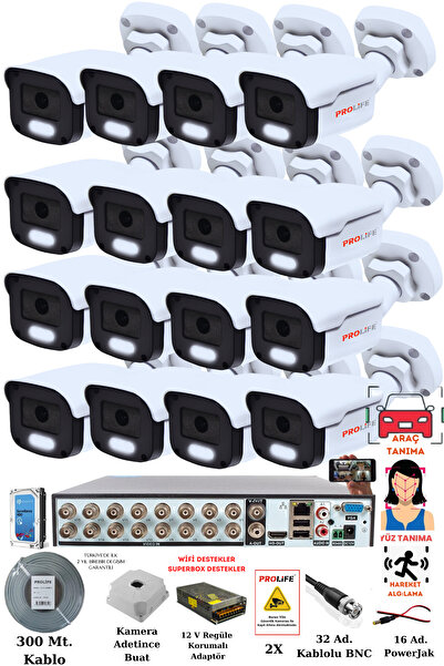 PROLİFE 16'Lı Güvenlik Kamerası Seti-Gece Renkli Görüşlü Full HD 5 Mp Yüz ve Araç Tanımalı Kamera Sistemi