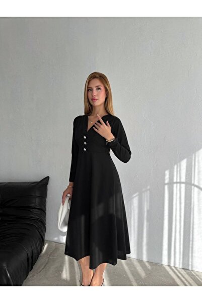 ARONA Silky Women's Crepe Fabric Button Detail V Neck Long Sleeve Midi Length Dress